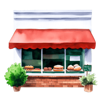 Charming Bakery Shopfront with Red Awning and Fresh Pastries Display png