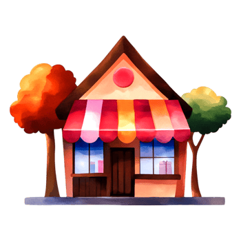 Charming watercolor illustration of a quaint little shop with trees png