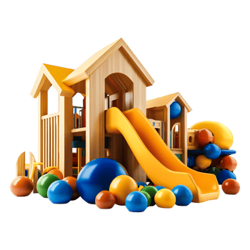 Colorful Wooden Playground Structure with Slide and Balls for Kids png
