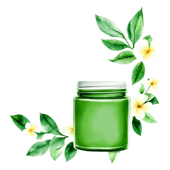 Green Glass Jar Surrounded by Fresh Leaves and Flowers Design png