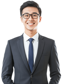 A medium shot of a smiling Asian man wearing a navy blue suit and tie. png