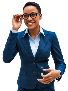A smiling Black businesswoman in a dark blue suit adjusts her glasses with transparent background png