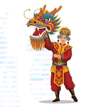 Chinese dragon dance with a man in traditional costume vector