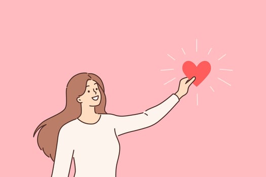 Woman holds heart symbolizing love and mercy, calling for assistance to charitable organizations vector