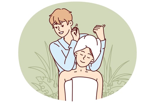 Woman visits massage therapist in SPA salon and sits in towel enjoying relaxing treatments vector