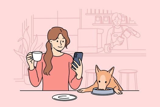 Woman with pet visits dog cafe to feed beloved puppy and drink coffee in cozy atmosphere vector