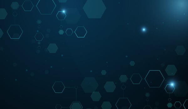 A dark blue background, symbolizing digital connectivity, blockchain, and futuristic technology. Hexagons shapes with a neon blue background. vector