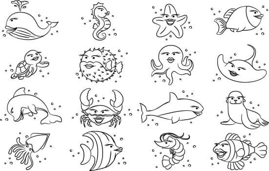 Sea animals coloring pages for kids vector