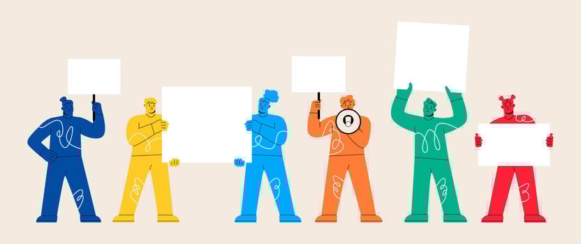 Protest people crowd holding blank signs. Colorful illustration vector