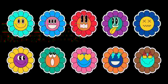 Cartoon daisy stickers collection. Set of trendy cute funny patches. vector