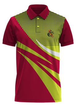 a red and yellow polo shirt with a yellow and white design png