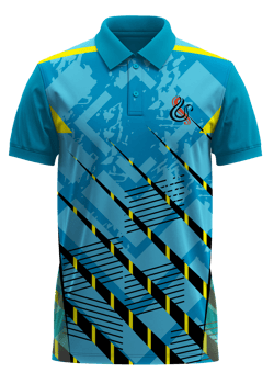 a blue polo shirt with yellow and black stripes png