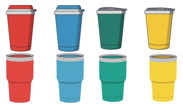 Unique Yeti Rumble Coffee Cup Set Illustration with Stylish Reusable Tumblers in Red Blue Green and Yellow for Eco-Friendly Design Concepts vector