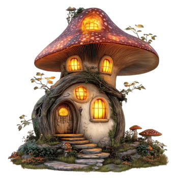 Whimsical Glowing Mushroom House on transparent background. png