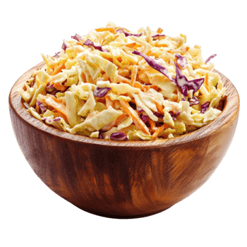 Fresh Coleslaw in Wooden Bowl on transparent background. png
