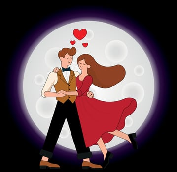 Loving couple, dancing, with a moon behind, backdrop for backgrounds, textures, designers vector