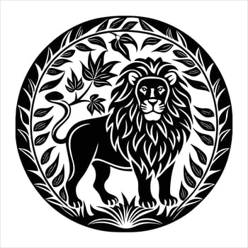 A lion in a circle with leaves and branches vector