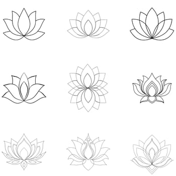 Black silhouette icon Set lotus flower line art simple design symmetrical vector