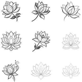 3. Black silhouette icon Set lotus flower line art simple design symmetrical vector