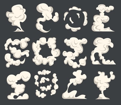 Cartoon smoke on wind, smoking comic kit. Explosion effect, cooking fog or fire smokes elements. White motion clouds, snugly steam set vector