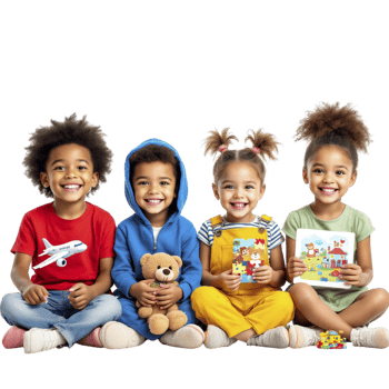 Four children sitting on the floor with toys png