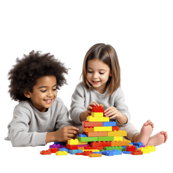 Two children playing with a large stack of colorful blocks png