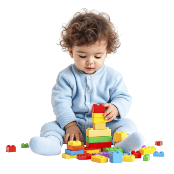 A baby playing with blocks on a black background png