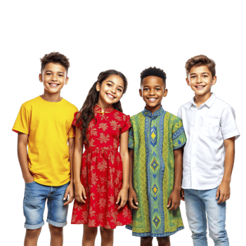 Four children in different ethnic clothing standing together png