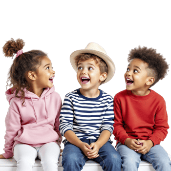 Three children sitting on a bench laughing png