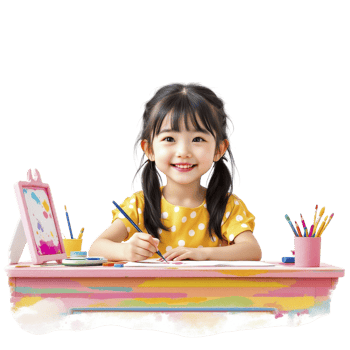 A little girl sitting at a desk with a pencil and a marker png