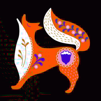 Cute colorful fox with folk ornaments. Red fox in folk style with ornamental patterns and flowers Illustration. Scandinavian, slavic style greeting card or invitation vector