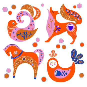 Folk art horse, fox and birds set in scandinavian style. Tribal nordic detailed animal and bird collection. Ethnic flat illustration with scandinavian detailes on white background vector