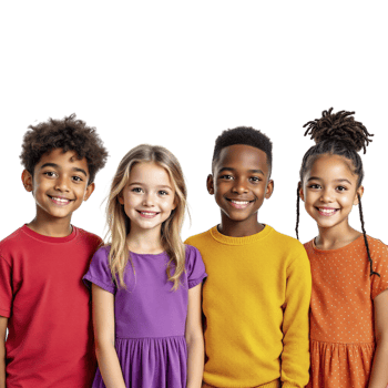 Five children in colorful shirts standing together png