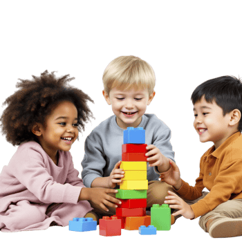 Three children playing with a stack of colorful blocks png
