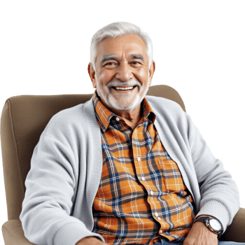 A smiling older man sitting in a chair png