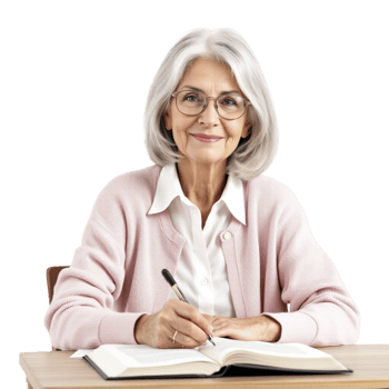 An older woman sitting at a desk with a pen and notebook png