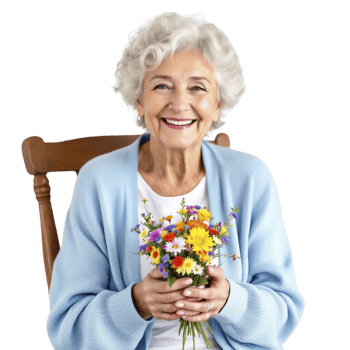 An older woman holding a bouquet of flowers png