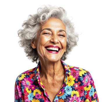 A smiling older woman in a floral shirt png