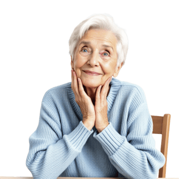 An older woman sitting at a table with her hands on her chin png