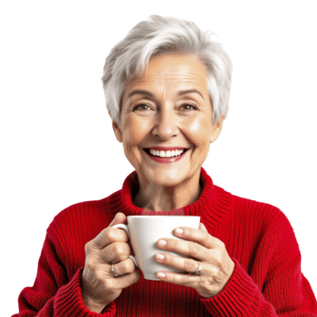An older woman in a red sweater holding a cup png