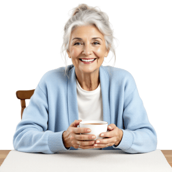 An older woman is sitting at a table with a cup of coffee png
