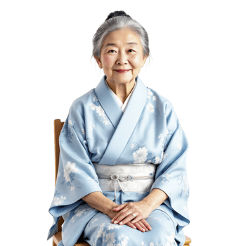An older woman in a kimono sitting on a chair png
