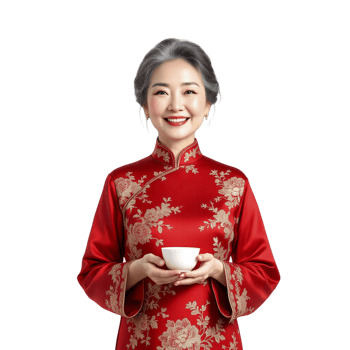 An asian woman in a traditional cheongsam holding a cup png