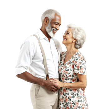 An older couple is smiling and looking at each other png