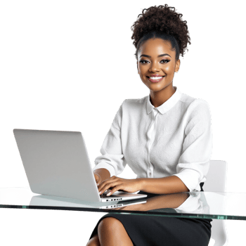 A smiling black woman sitting at a table with a laptop png