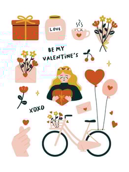 Cute Valentine day icons elements with Wedding Bicycles Spring Bouquet Love bottle jar Blooming Red flowers Finger heart envelope Hot Cocoa chocolate marshmallows Gift box woman balloons illustration vector