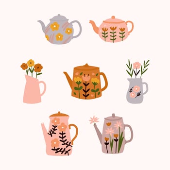 Cute floral teapot with bouquet of spring flowers in scandinavian style modern and elegant home decor print design illustration for greetings cards sticker label posters congratulations tea shop store vector