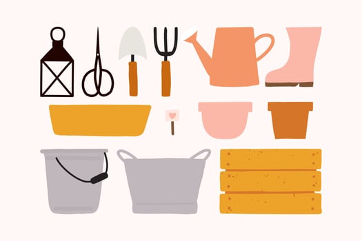 gardening elements tools icon isolated cute lantern, pot, scissors, watering can, vintage bucket, spade, pitchfork, Wooden box and rain boot illustration. vector
