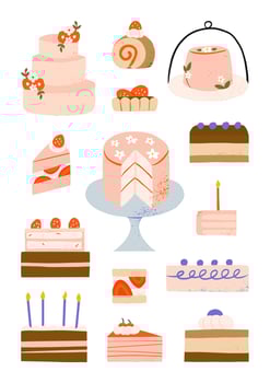 Hand drawn cake decoration bakery and pastry elements cartoon art illustration vector