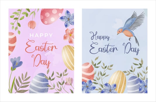 Watercolor Easter posters set. Spring holiday greeting cards with floral and egg elements. Pastel color palette. Ideal for prints, invitations, social media, and festive decor. vector